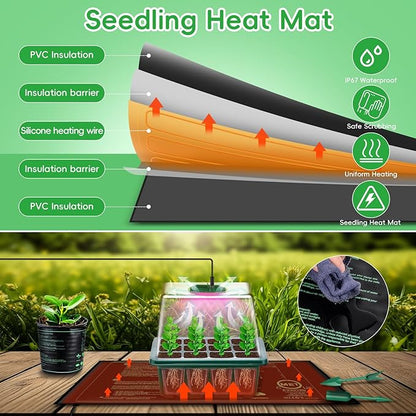 YAUNGEL Seed Starter Tray with Grow Light, 5 Pack Seed Starter Kit with Heat Mat, Seedling Starter Trays with Timing Controller Adjustable Brightness, Thicken Trays with Humidity Domes