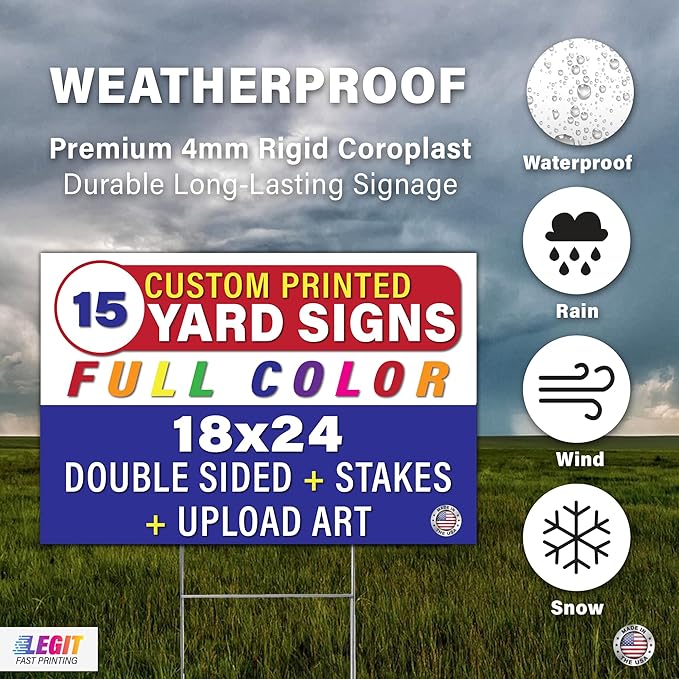 Personalized 18x24" Yard Signs, Double Sided Printing, Metal Stake Included, by Legit Fast Printing (15pk)