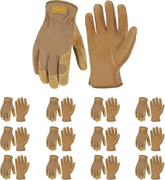 HANDLANDY Men Leather Gardening Gloves, Utility Work Gloves for Mechanics, Construction, Driver