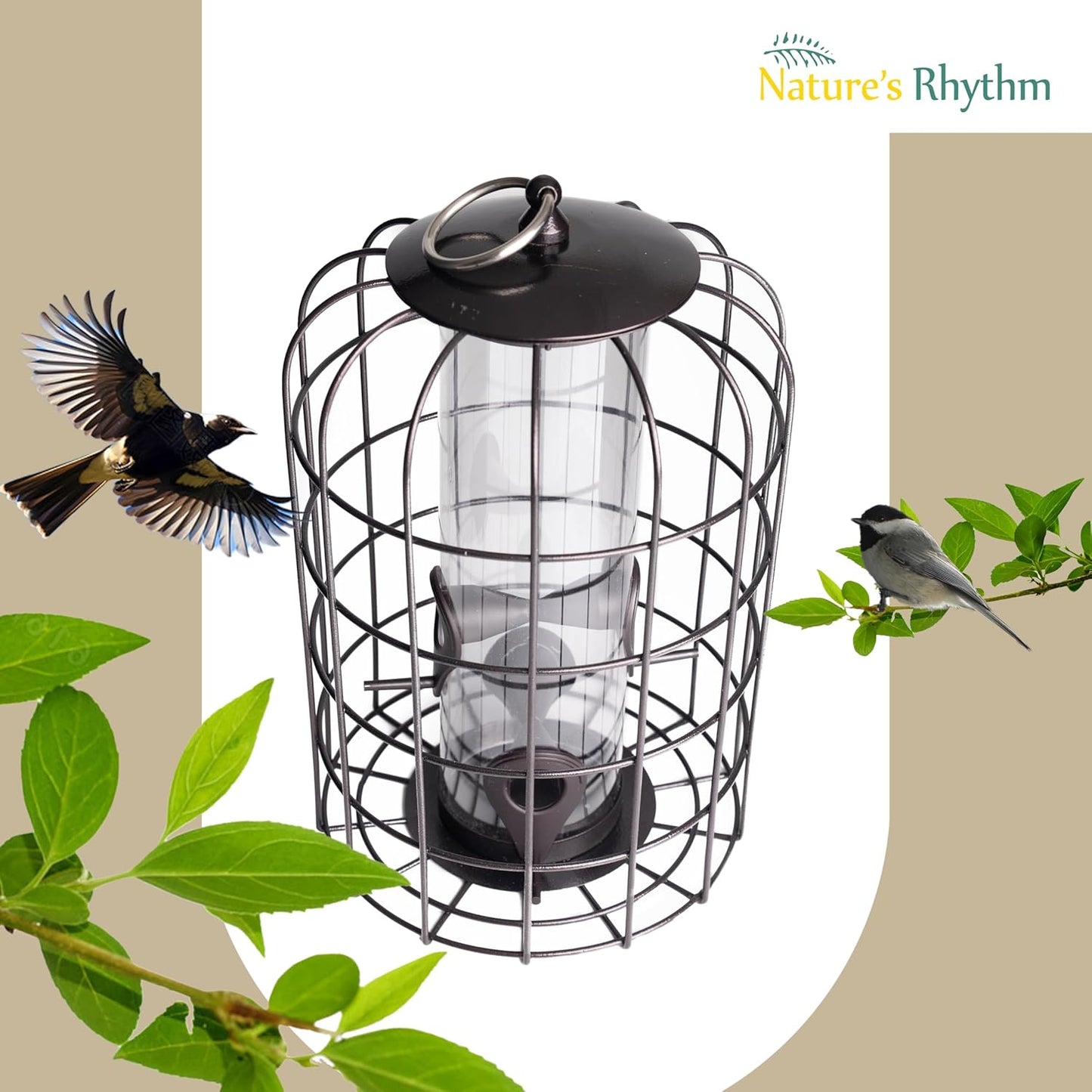 Nature's Rhythm Outdoor Hanging Bird Feeder Cage PC Tube Squirrel Proof Wild Bird Feeder with Large Metal Seed Guard Deterrent Green