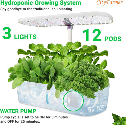 Indoor Hydroponics Growing System: Indoor Fresh Vegetable, Herb Garden Kit with LED Grow Light Quiet Smart Water Pump Automatic Timer - Planter for Home Kitchen Office (White, 12 pod)