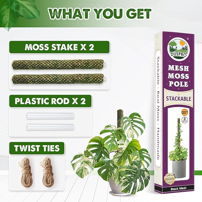 DUSPRO Stackable Mesh Moss Pole for Plants Monstera Potted Plant Stakes for Indoor Plants Extendable Plant Pole Moss Sticks for Plants Climbing Vine Supporting Monstera Trellis 2 Pcs 22''