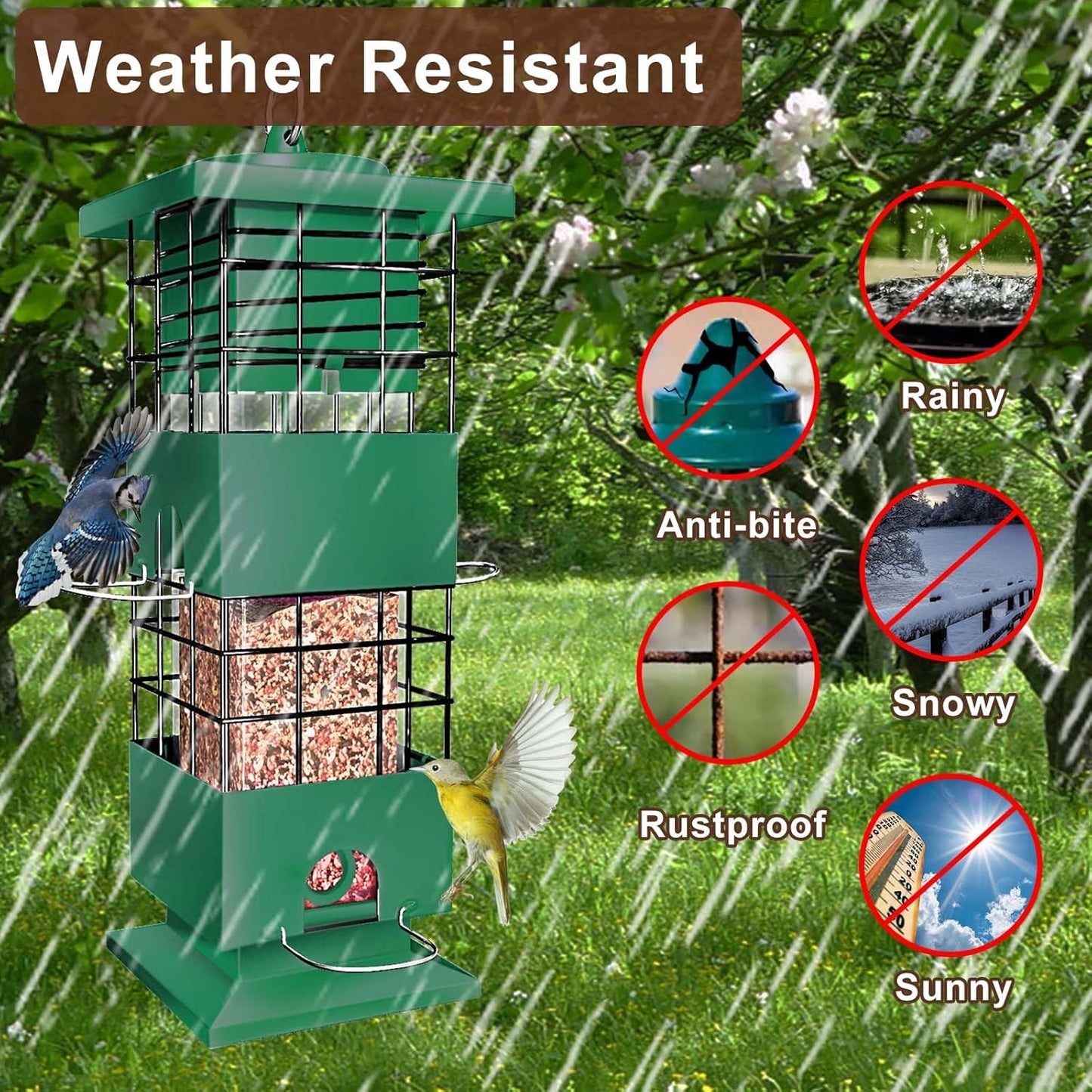 Squirrel Proof Bird Feeder, 3LBS Large Capacity Hanging Bird Feeders with Weight-Activated Perches for Outdoors, Metal Anti-Squirrel Wild Birdfeeder for Blue Jay, Cardinal, Outside (Green)