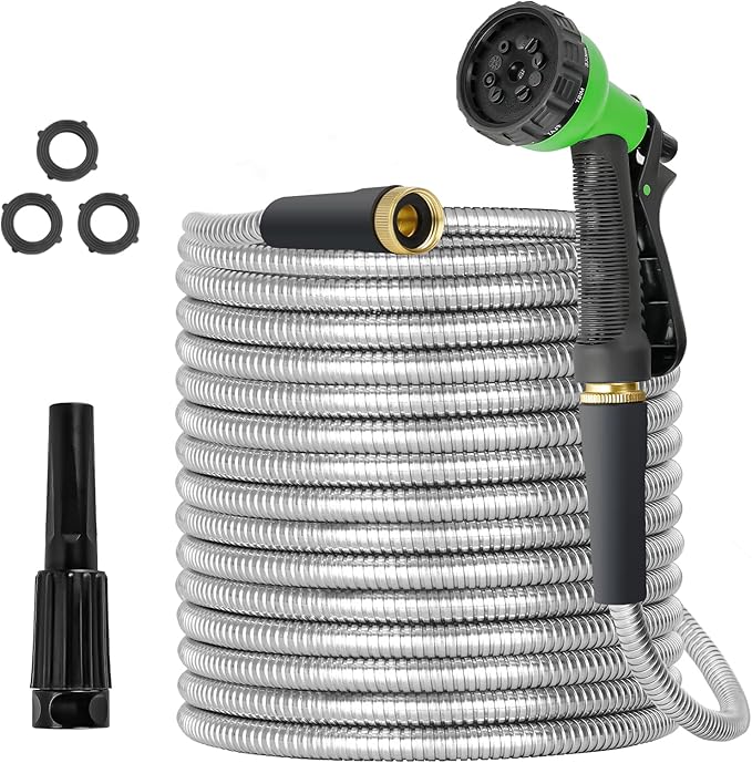 Garden Hose 100ft Stainless Steel Water Hose Super Tough Flexible Water Pipe with Brass Fittings and Sprayer Nozzle, No Kink, Rust Proof