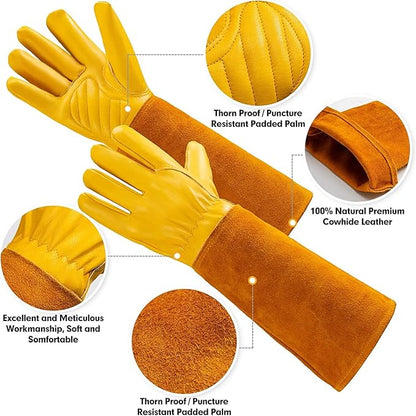 Acdyion Gardening Gloves for Women/Men Rose Pruning Thorn & Cut Proof Long Forearm Protection Gauntlet, Resistant Thick Cowhide Leather Work Garden Gloves