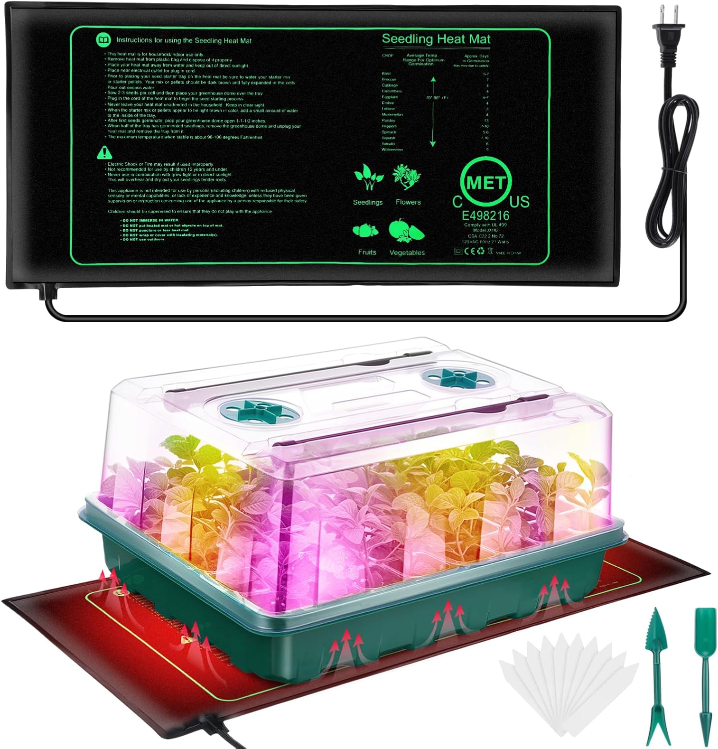 Seed Starter Tray, 96-Cell Seed Growing Tray with Grow Lights, Heat Mat, Indoor Gardening Plant Germination Trays (Green, 5 x 14.5 x 11 inches)