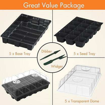 Gardzen 5-Pack Seed Starter Kits, Reusable Plant Germination Trays with Total 75-Cell, Seed Starter Tray with Humidity Vented Domes and Bases for Starting Vegetable Flower Herb Seeds 15" x 9"