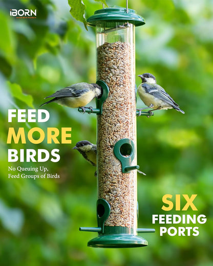 iBorn Metal Bird Feeders 6 Ports Hanging Wild Bird Seed Feeder for Mix Seed Blends, Niger Seed Feeder, Sunflower Heart, Birdbath, Heavy Duty All Metal Green Finishing 14 Inch 6Port