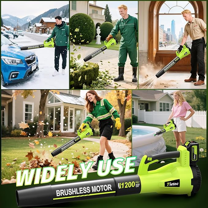 Tietoc Leaf Blower Cordless, 1200W Brushless Electric Leaf Blower with 2 X 5.0Ah Battery, 6 Speed Powerful Leaf Blowers for Garden, Patio, Lawn Care, Gift for Men Dad Husband Fathers (Light Green)