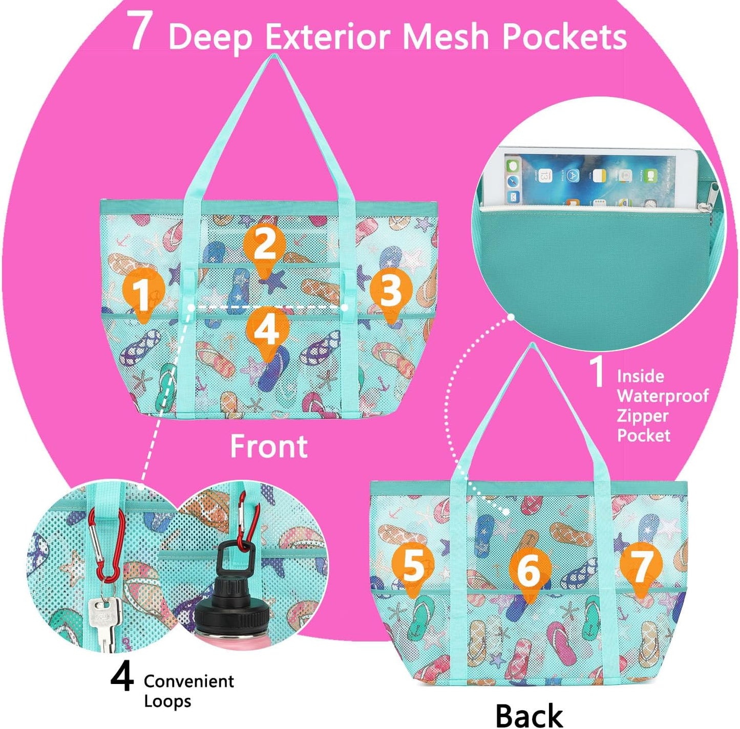 Mesh Beach Bag, Large Beach Tote with Zipper Pocket for Family Pool Bag for Toys & Vacation Essentials