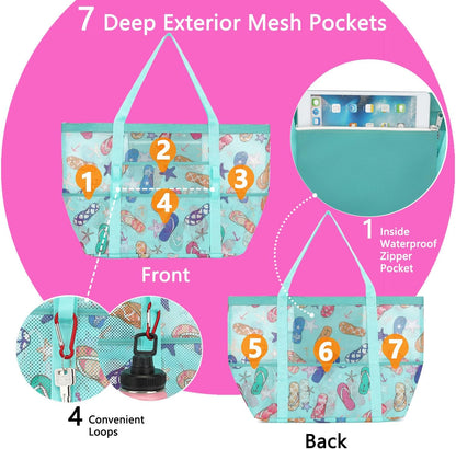 Mesh Beach Bag, Large Beach Tote with Zipper Pocket for Family Pool Bag for Toys & Vacation Essentials