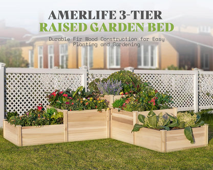 SPECRAFT Raised Garden Bed 3-Tier Outdoor Planter Box, Fir Wood with Dividers, Shape Adjustable, Tool-Free Assembly, Ideal for Growing Vegetables, Herbs & Flowers