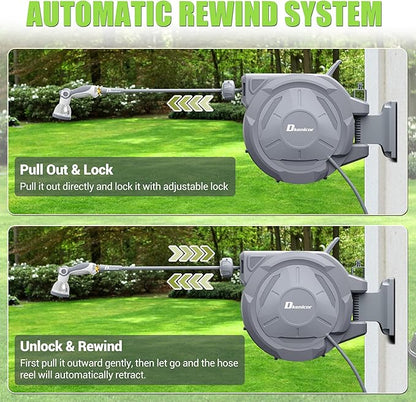 5/8" x 75 ft Retractable Hose Reel, Heavy Duty Retractable Garden Hose Reel Wall Mounted with 10-Pattern Hose Nozzle/Any Length Lock/Slow Return System/180°Swivel Bracket