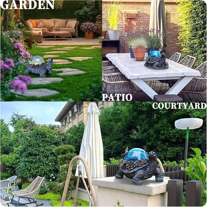 Outdoor Turtle Statue – Resin Animal Figurine with Blue Crystal Solar Lights,Golden Succulent Accents & Dragonfly Decor, Cute Garden Ornament, Yard Art for Lawn, Patio,Mom Wife Unique Gifts