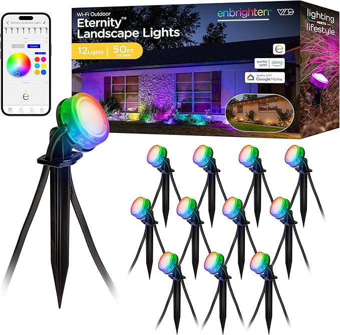Enbrighten Vibe Eternity Garden Lights, 50ft, 12 RGBWIC LEDs, Waterproof, Uplights, Outdoor Landscape Lighting, Home Exterior Spotlight, Smart App, Works with Alexa, Google Home, 83790