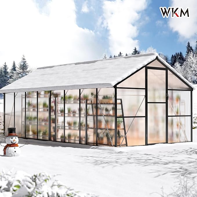 WKM 8x16 FT Greenhouse for Outdoors, Polycarbonate Greenhouse with Roof Vent and Quick Setup Structure, Aluminum Frame, Black