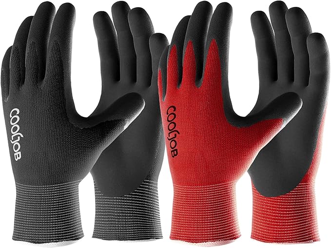 COOLJOB Gardening Gloves for Men, 2 Pairs Breathable Rubber Coated for Garden Weeding Landscaping, Outside Work for Lawn Yard, Men's Xlarge Size, Black & Red
