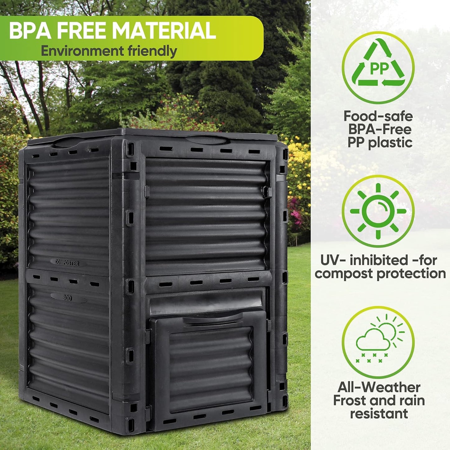 JupiterForce Garden Compost Bin 80 Gallon (300 L) from BPA Free Material, Large Composting Bin Outdoor Composter, Easy Assembling, Fast Creation of Fertile Soil, Lightweight, Black