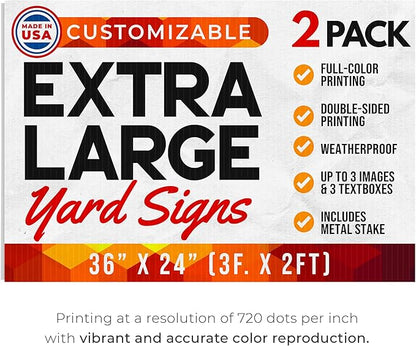 36"x24" Custom Yard Signs with Stakes Personalized Yard Signs with Full Color Print and Text Large Custom Outdoor Signs, for Business (2)