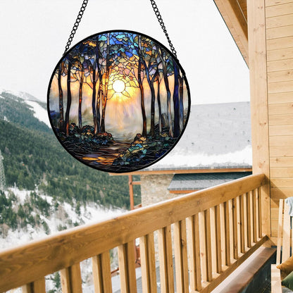Stained Glass Window Hanging, Forest Sunrise Smoke Blue Brown Tree Suncatcher for Doors Window Home Landscape Sun Catchers Decor Mother's Day Birthday Gifts for Women, Men Mom 6.3 in
