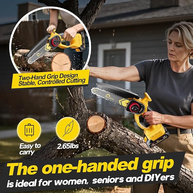 Mini Chainsaw Cordless 6-Inch, 21V Small Chainsaw with 2 Battery Handheld Electric Chain saw–Lightweight&Safe for Wood Cutting, Tree Trimming, Home, Garden, DIY, Best Gifts for Dad, Women (yellow)