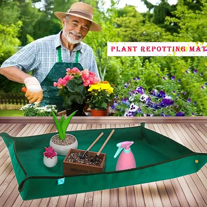 BIUWING Planter Tray, 2PCS Thickened Oxford Fabric Portable Indoor Plant Repotting Mat, Extra Large 43''*29'', Waterproof, Foldable, Blackish Green