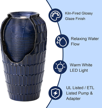 Glitzhome 28.25" H Oversized Ceramic Petals Textured Jar Outdoor Water Fountain, Vintage Cobalt Blue Glaze Vase Patio Garden Waterfall Fountain with LED Light and Submersible Pump