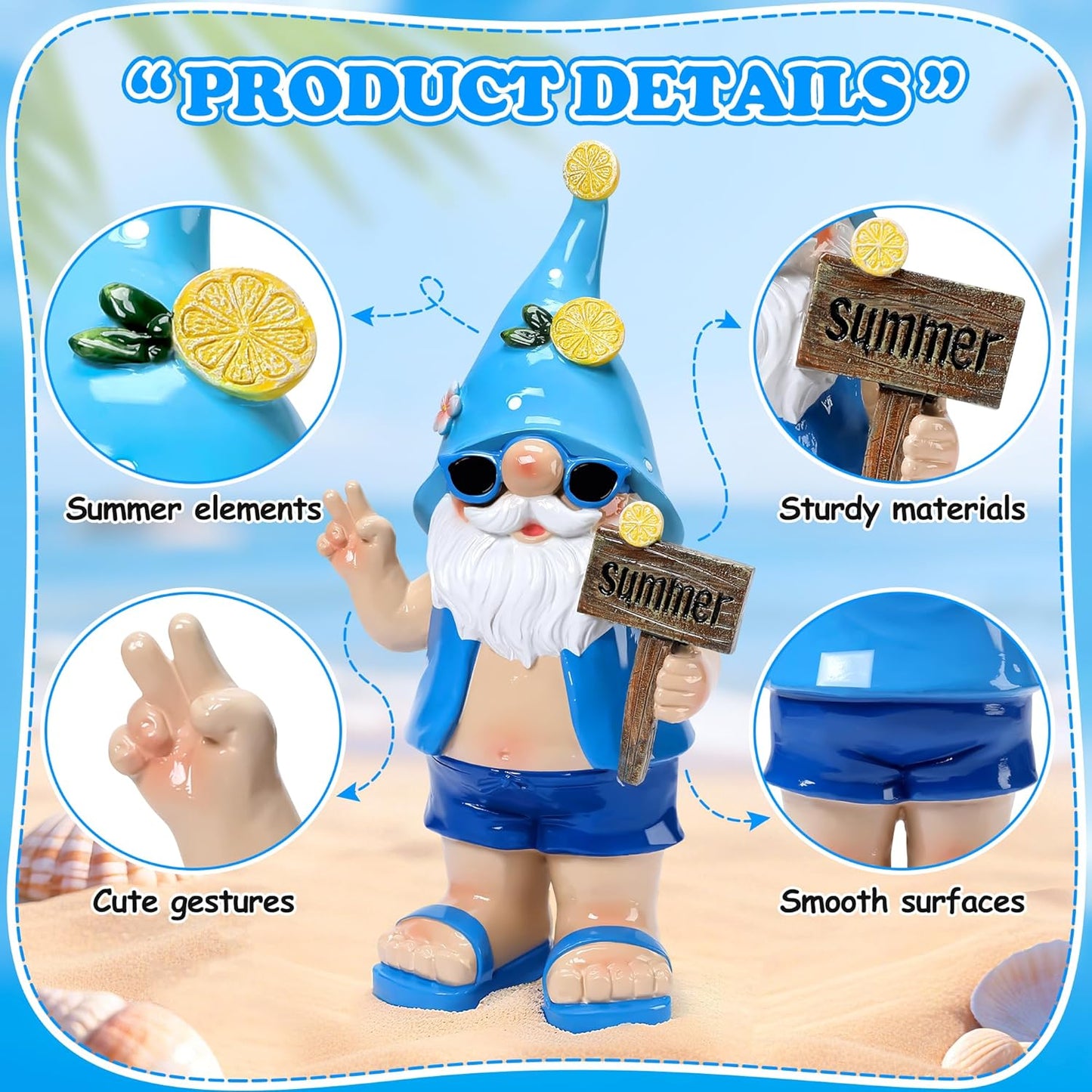 Outdoor Summer Gnomes Statue Beach Gnome Garden Decor for Outside, Beach, Yard, Lawn Ocean Sea Theme Home Decorations for Table, Shelf, Blue Gnome Figurine Funny Elf Gifts for Women