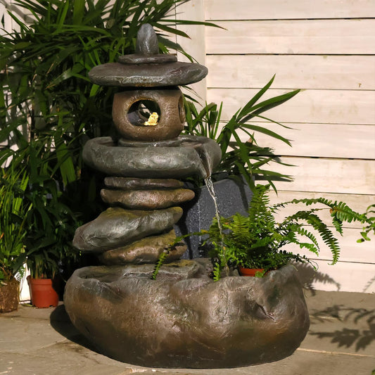 28" H Imitation Rock Pagoda Design Outdoor&Indoor Cascading Water Fountain, Natural Zen Decor Waterfall with LED Lights - Suitable for Garden/Patio/Yard/Deck/Balcony and Home Art Decor （Resin）