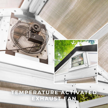 Backyard Discovery Bellerose 9' x 6' White Cedar Wood and Polycarbonate Walk-in Greenhouse Kit with Pergola, Exhaust Fan, Window, Hose Hook-Ups, PowerPort, Staging Shelves for Outdoor Gardening