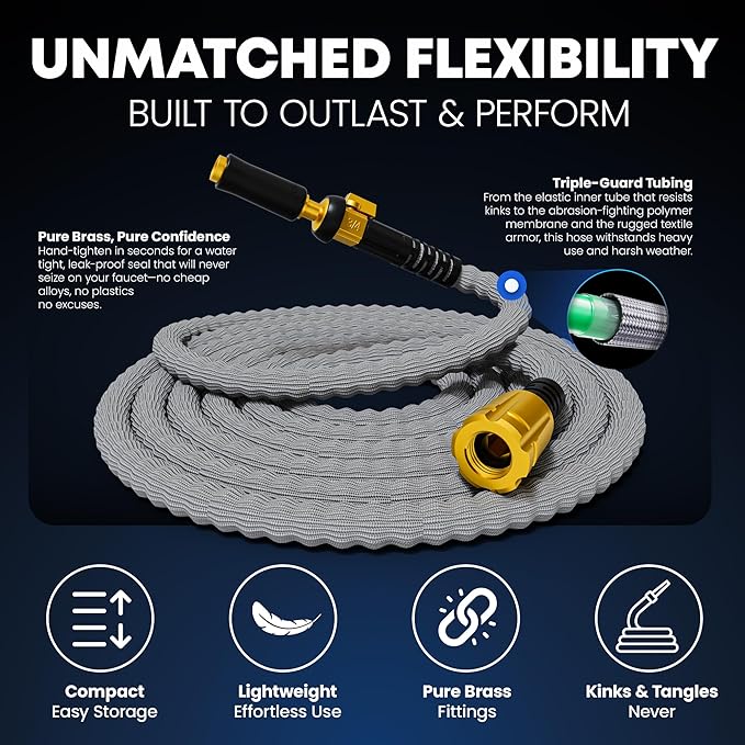 TITAN Flexible Garden Hose 10FT – Ultra Lightweight, Heavy Duty Water Hose with Brass Fittings & Jet Nozzle – Kink-Free, Non-Expanding, Durable Fabric Hose for Yard, Lawn, Car Wash, Outdoor Use