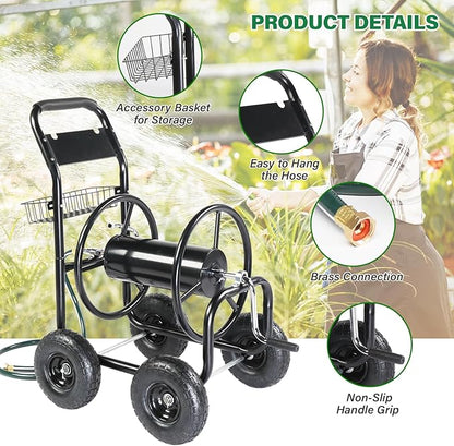 VINGLI 4-Wheel Garden Hose Reel Cart with Storage Basket, Portable Residential Hose Reel Cart, Lawn Watering, for Garden Backyard and Farm