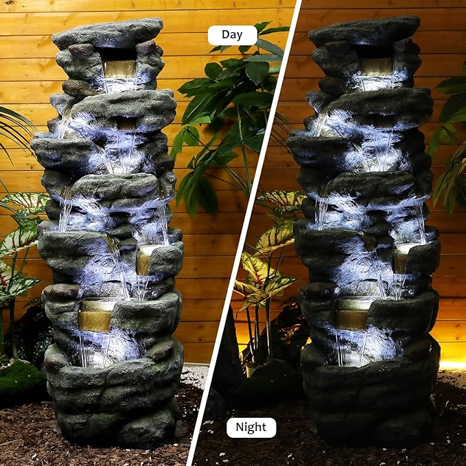 SunJet 51" High Multi-Tiers Cascading Rock Outdoor Water Fountain with LED Lights - Large Outdoor Resin Fountains and Waterfalls for Garden or Patio, Yard, Deck Decor, Featuring Natural Stone Look
