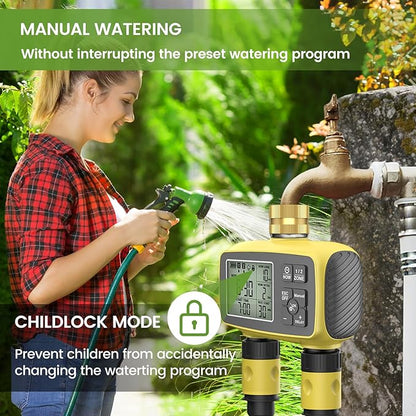 Programmable 2-Zone Smart Sprinkler Timer - Outdoor Automatic Irrigation Water Timer with Rain Delay & Waterproof Brass Swivel for Lawn, Garden, Pool (Yellow)