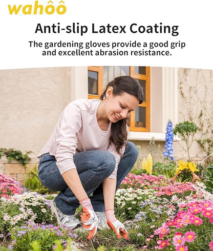 wahoo Gardening Gloves for Women, Garden Gloves with Latex Palm Coated, Breathable B.COMB AIR Technique, Pureed Pumpkin & Azure Blue, Large, 2 Pairs