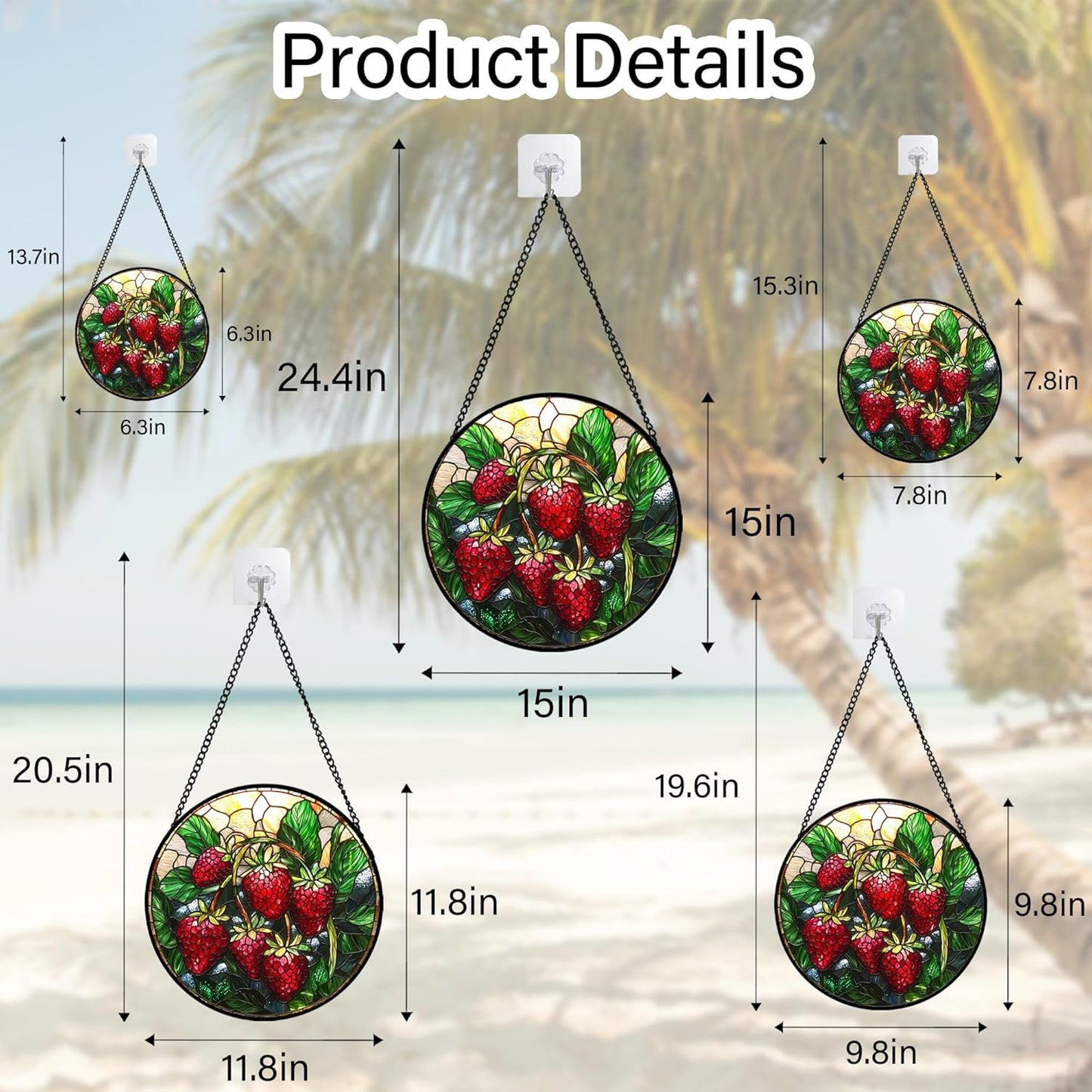 Stained Glass Suncatcher, Red Strawberry Green Leaf Sun Catcher Silver Background Stain Glass Window Hanging Decoration Mother's Day Birthday Gifts for Women Men Mom Nana 9.8 in