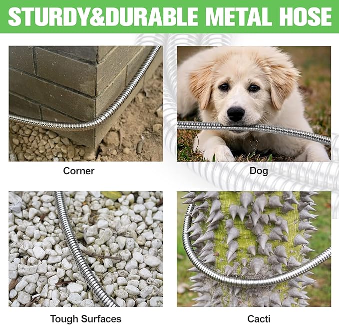 Garden Hose 100ft Stainless Steel Water Hose Super Tough Flexible Water Pipe with Brass Fittings and Sprayer Nozzle, No Kink, Rust Proof