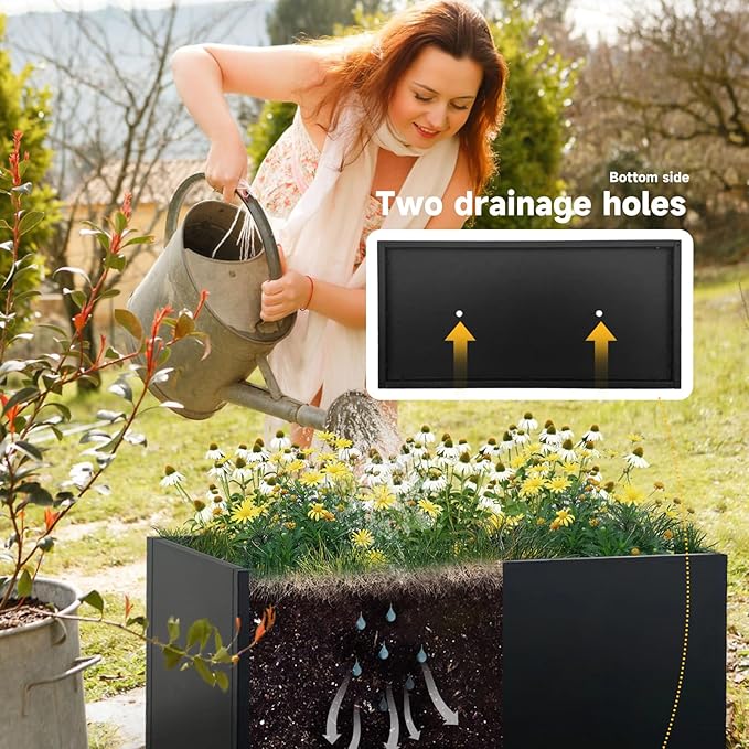 Galvanized Steel Planter Black Metal Outdoor Planter Powder Coated 32" x 12" x 16" Pot Metallic Heavy Pot Indoor & Outdoor, Commercial & Residential (L32 x W12 x D16, Black)