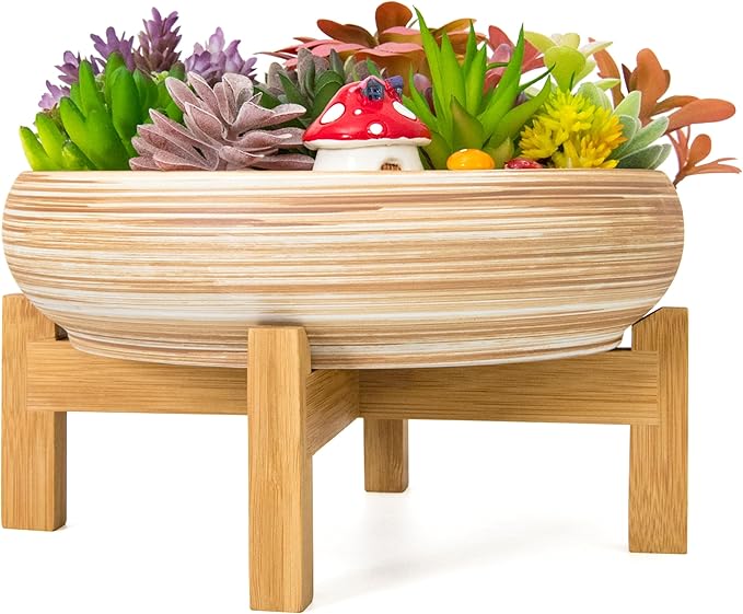 ARTKETTY Succulent Pots - 10 Inch Large Bonsai Pots with Drainage Stand, Ceramic Plant Pots Shallow Succulent Planters for Indoor Plants Decorative Cactus Flower Planter Bowl