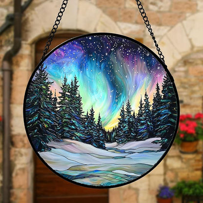 Stained Glass Window Hanging, Aurora Landscape Sun Catchers Glass Panel Green Trees Suncatcher Decor for Birthday for Women, Men, Wife, Aunt, and Mom 9.8 in