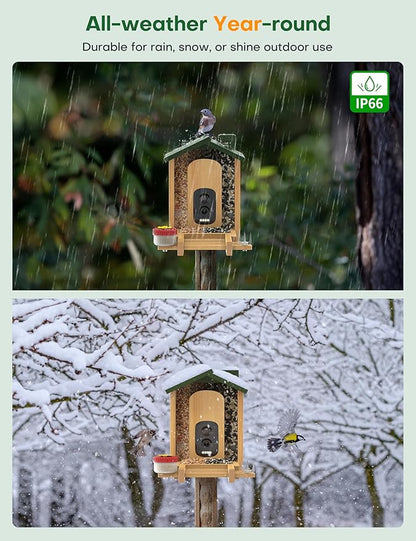 Bird Feeder with Camera: 160° Wide View & 2.5K Live Video, AI Auto Identify 12000+ Birds Species, Instant Arrival Alerts, Eco Natural Bamboo Build, Solar Smart Bird Feeders for Outdoors