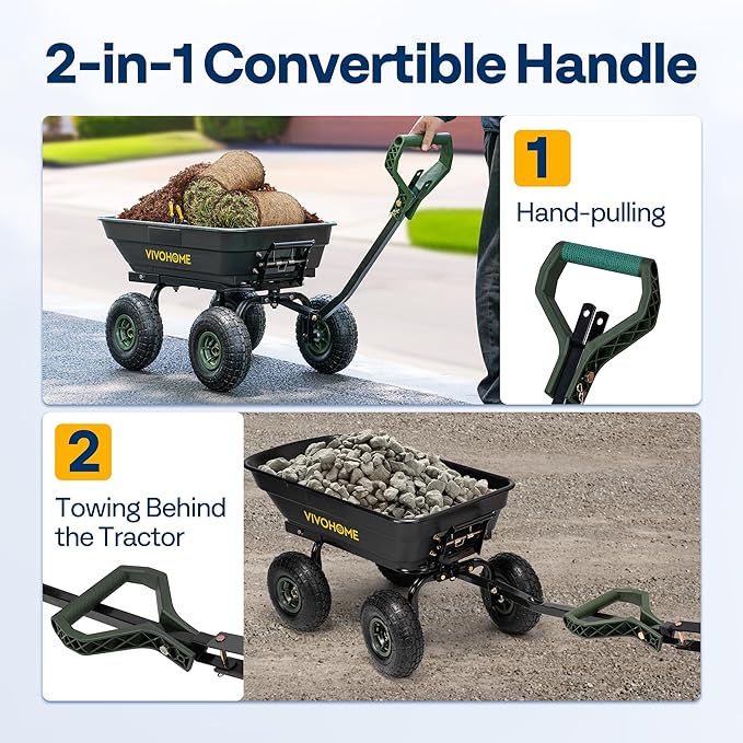 VIVOHOME 4 Cu.Ft 660lbs Wheelbarrow Garden Cart Dump Wagon with 2-in-1 Convertible Handle Attach to ATV or Tractor, 10" All Terrain Wheels, Quick Release System, Heavy Duty Utility Trailer for Yard