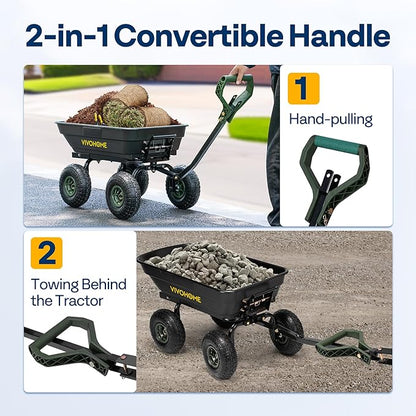 VIVOHOME 4 Cu.Ft 660lbs Wheelbarrow Garden Cart Dump Wagon with 2-in-1 Convertible Handle Attach to ATV or Tractor, 10" All Terrain Wheels, Quick Release System, Heavy Duty Utility Trailer for Yard