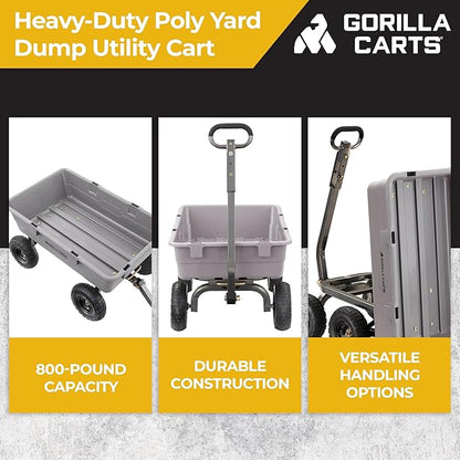 Gorilla Carts Heavy-Duty Poly Dump Cart, 5 Cu Ft Tub, 800 lb Haul Capacity, Gray – Towable Utility Wagon with Quick-Release Dumping & Pneumatic Tires for Yard, Landscaping and Gardening