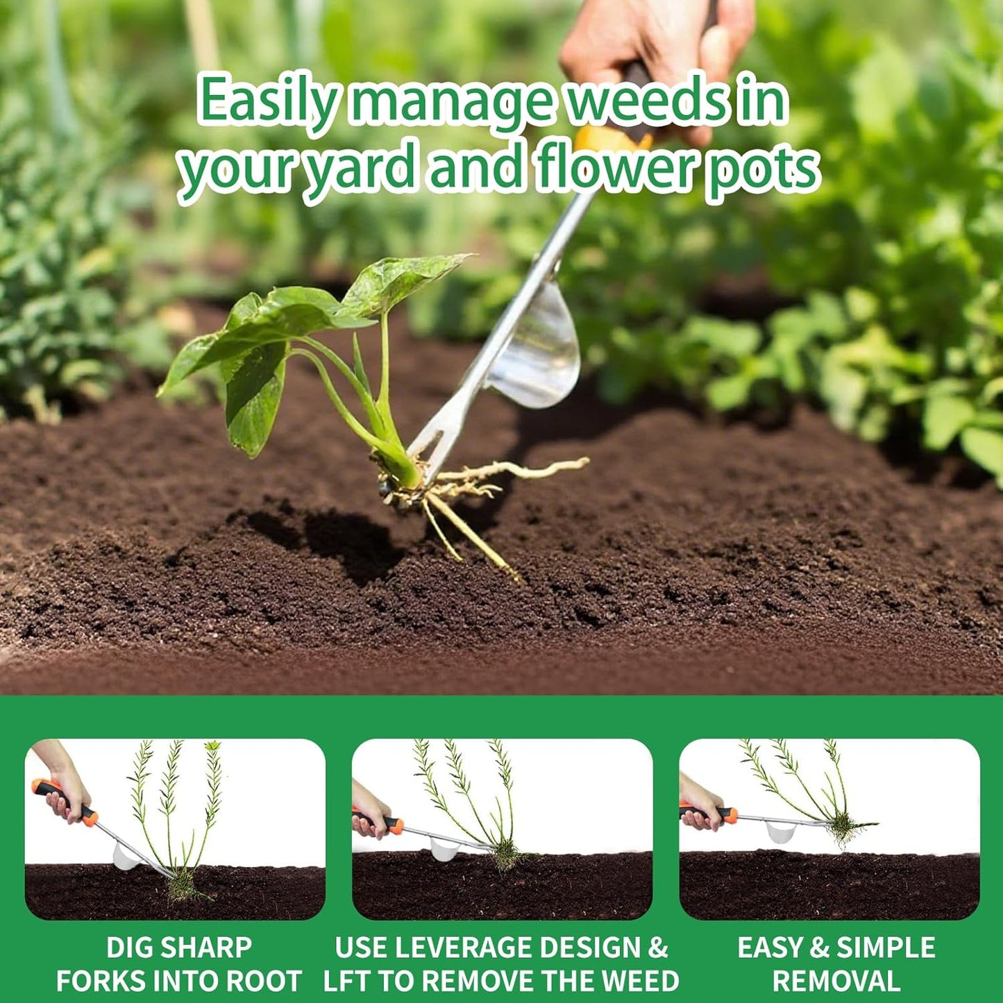 Upgraded Stainless Steel Hand Weeder Tool with Soft Rubber Grip | Manual Weed Extractor with Root Removal Function 4-Tine Slot Weeder for Crevices Garden Weeding Master Kit (3-Pack)