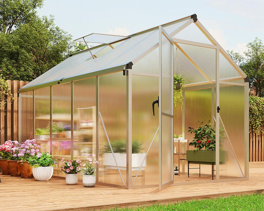 6x10 FT Greenhouse for Outdoors, Polycarbonate Flower Greenhouse with Roof Vent, Push-Pull Lockable Door, Aluminum Walk-in Greenhouses for Outside Garden Backyard, Patio, Lawn, Silver