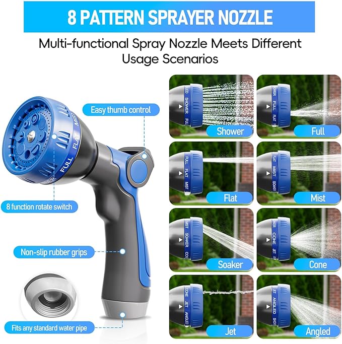 SPECILITE Garden Hose 50ft, 3-Layer Flexible Water Hose with 8 Pattern Spray Nozzle, Non-Expanding & Lightweight Stainless Steel Hose for Yard, Lawn, Outdoor-Leak Proof, No-kink & Tangle-free