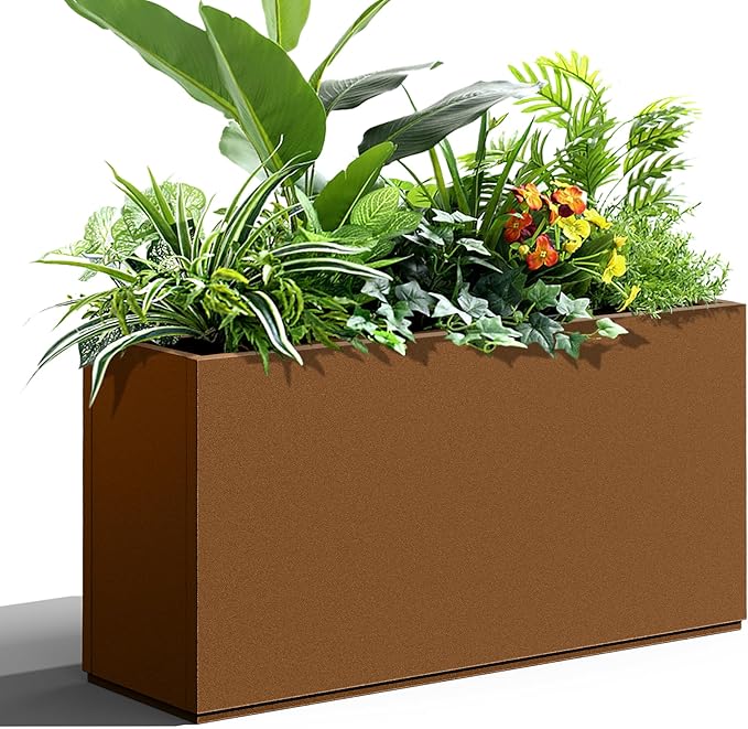 Tall Metal Planter, 10" W×16.3" H Large Rectangular Planter Box for Outdoor or Indoor, All-Weather Durable Plant Box with Drainage Holes & Removable Shelf for Patio, Porch, Garden, Trees, Flowers
