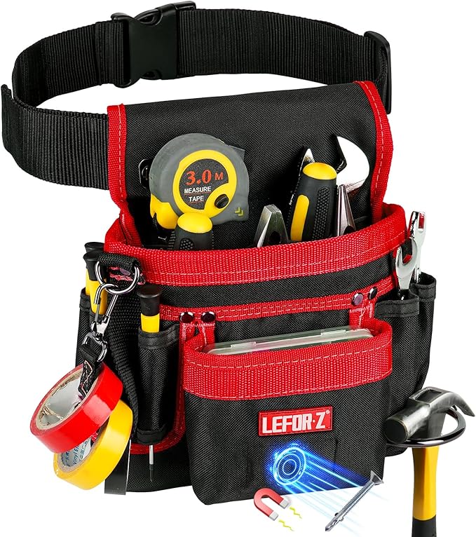 Tool Belt,Magnetic Tool Pouch,14-Pockets Tool Belts for Men,Detachable & Adjustable Tool Pouch Belt for Electrician,Carpenter,Construction,Work Apron,Utility Belt,Black-Red