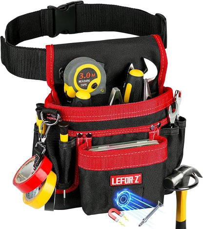 Tool Belt,Magnetic Tool Pouch,14-Pockets Tool Belts for Men,Detachable & Adjustable Tool Pouch Belt for Electrician,Carpenter,Construction,Work Apron,Utility Belt,Black-Red